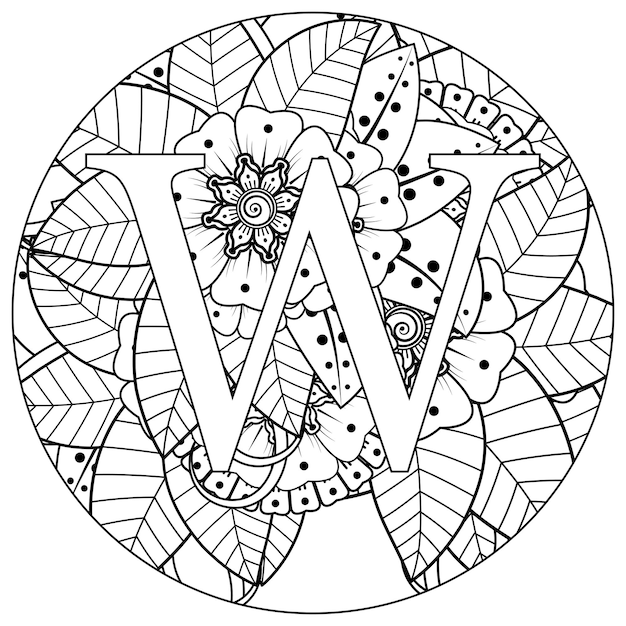 Letter W with Mehndi flower decorative ornament in ethnic oriental style coloring book page