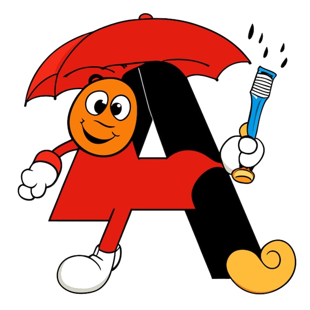 Vector letter a wearing a umbrella vector illustration cartoon