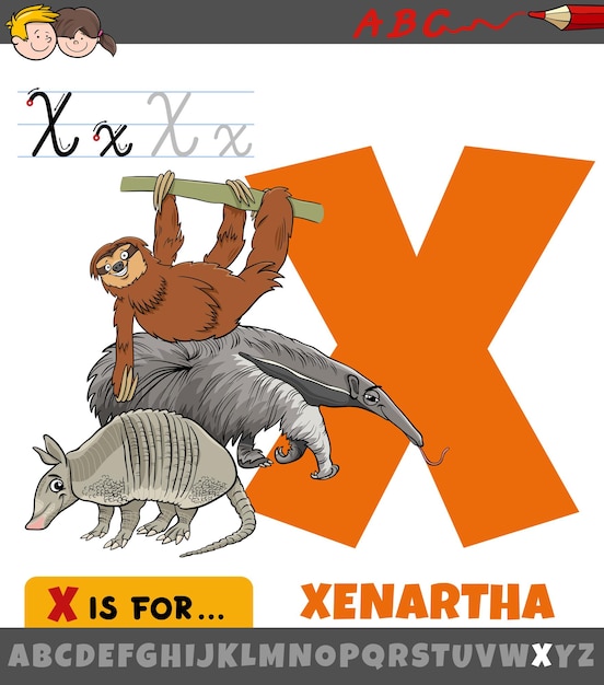 Letter X from alphabet with cartoon Xenartha animals