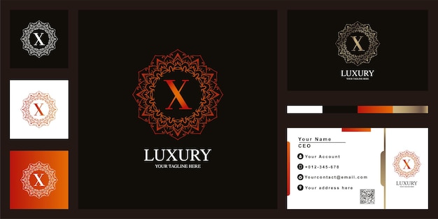 Letter X luxury ornament flower frame logo template design with business card