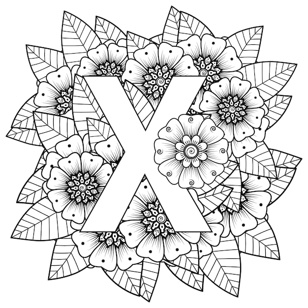 letter x with mehndi flower decorative ornament in ethnic oriental style coloring book page