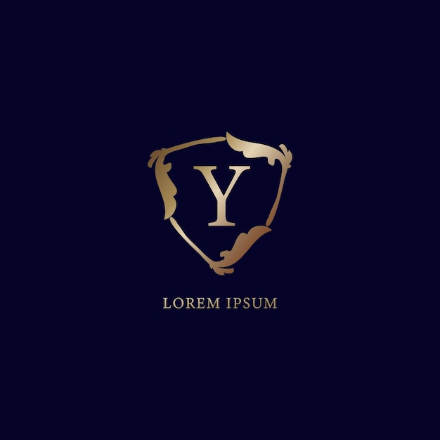 Letter Y Alphabetic logo design template Decorative floral shield sign illustration Luxury metalic gold security logo concept isolated on navy blue backgroud