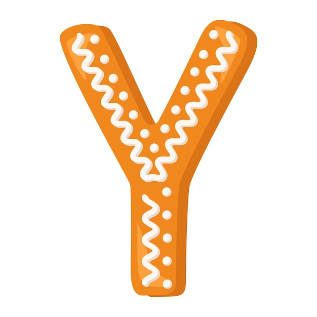 Letter Y made from glazed gingerbread Festive font symbol of Happy New Year and Christmas sign and letters of different shapes Vector flat illustration