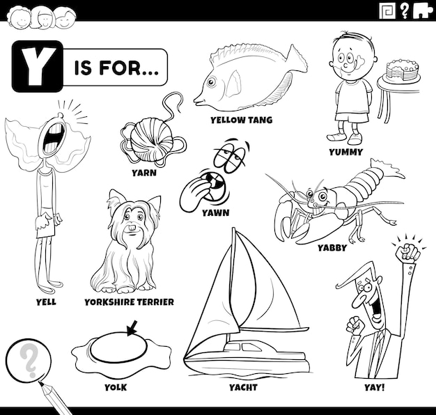 Letter y words educational cartoon set coloring page