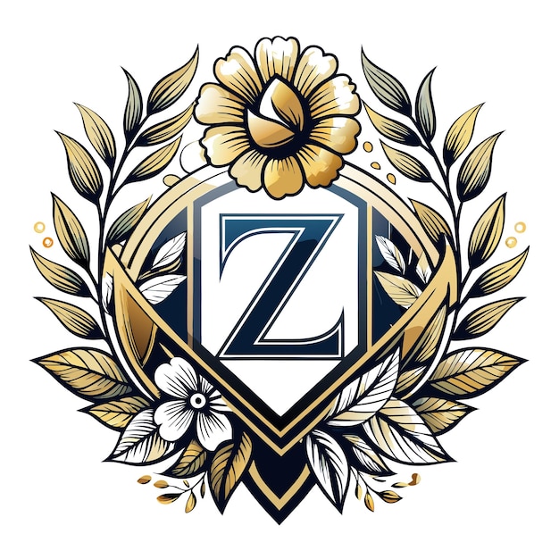 a letter z is in a gold frame with flowers in the middle