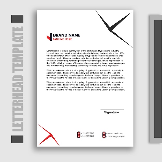 A letterhead template is shown with a black and white background.