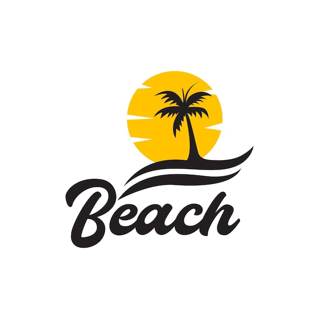 Lettering beach vintage with coconut trees and sunset logo design vector graphic symbol icon