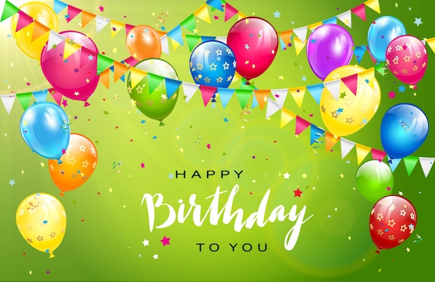 Lettering Happy Birthday on sunny green background. Flying colorful balloons, multicolored pennants and confetti. Illustration can be used for holiday design, posters, cards, website, banners.