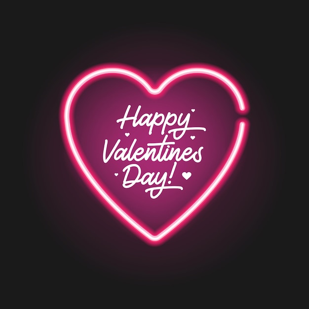 Lettering Happy Valentines Day banner. Vector flat illustration. Poster with hand written calligraphy text, neon hearth isolated on black background.