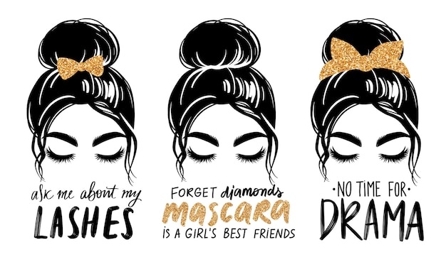 lettering illustration set of woman with Messy bun with golden glitter bandana or headwrap and hair bow.