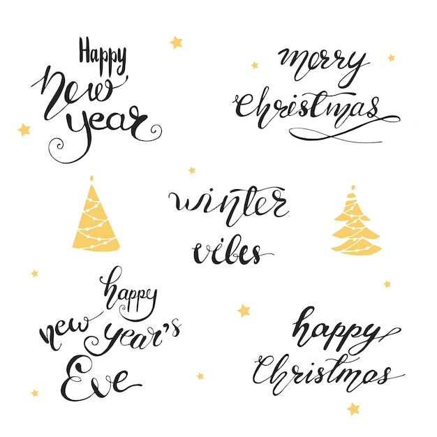 Lettering with Christmas Greeting phrases. Vector illustration.