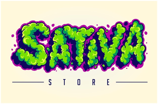 Lettering word sativa with smoke weed illustration