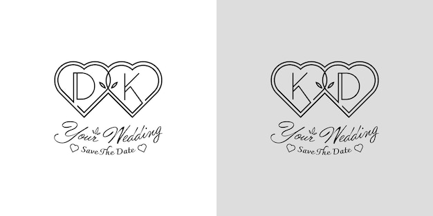 Letters DK and KD Wedding Love Logo for couples with D and K initials