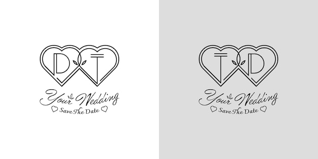 Letters DT and TD Wedding Love Logo for couples with D and T initials