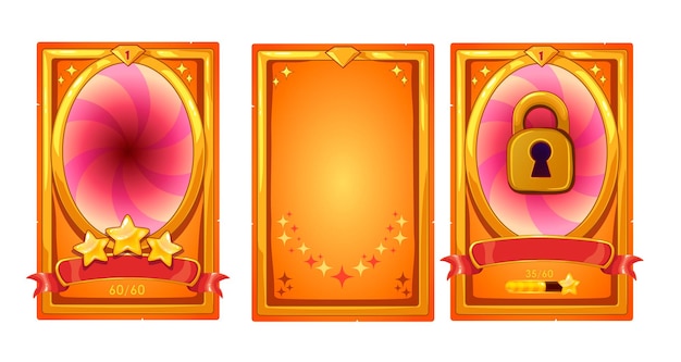 Level background card for mobile game ui design Victory ribbon witch stars Buttons set Isolated on white background Golden and orange colors