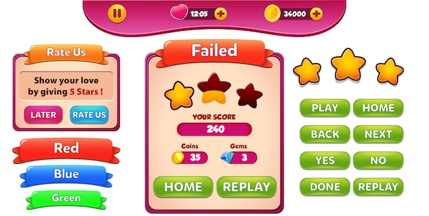 Level Faied and rate us menu pop up with stars score and buttons GUI 