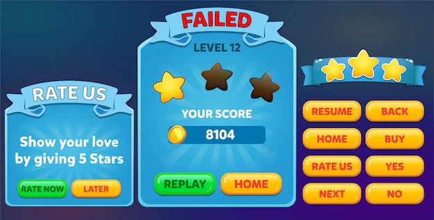 Level failed and rate us menu pop up with stars score and buttons GUI 