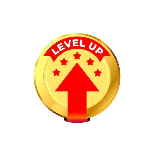 level up icon badge golden with red vector arrow up vector illustration