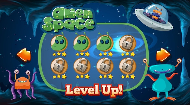 Level up screen game with alien and ufo theme template