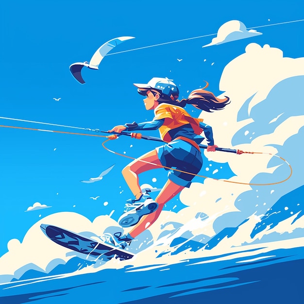 A Lexington girl practices kite land surfing in cartoon style