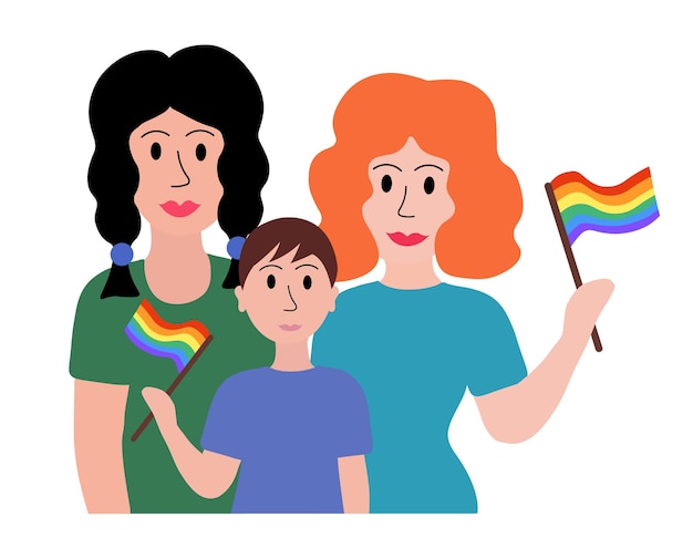 Vector lgbt concept lesbian married couple women adopted boy holding multicolored flag pride parade