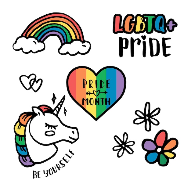 LGBT doodle set Rainbow unicorn pride month hearts and flowers Vector illustration