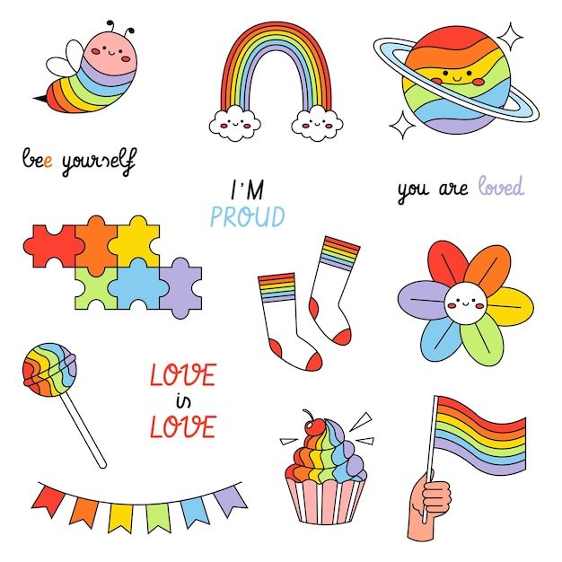 LGBT elements set. Rainbow flag, cake, planet, cute bee and phrases. Pride month badges.