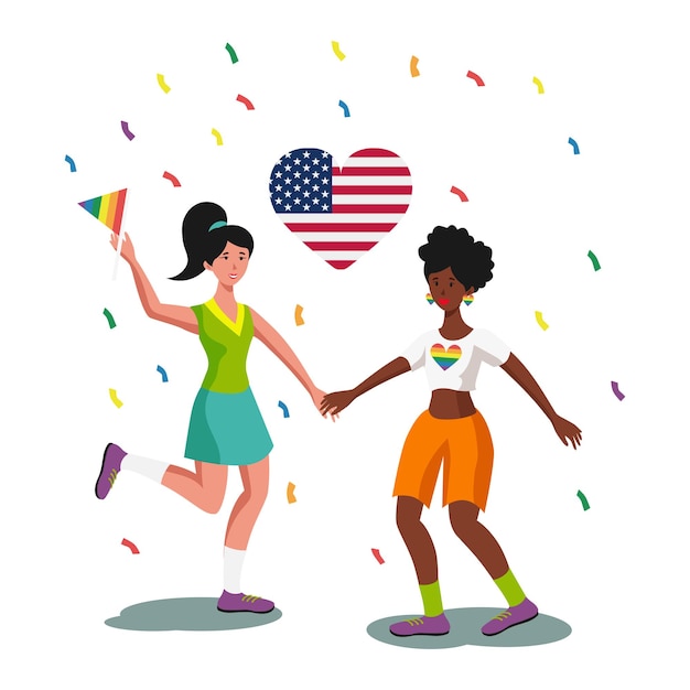 LGBT family on the background of the USA flag two women holding hands white background Vector