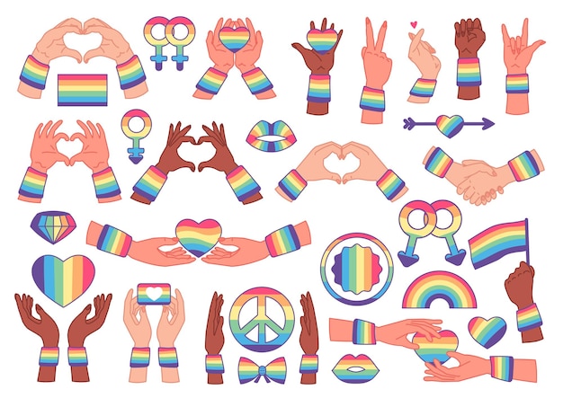 LGBT gay and lesbian pride symbols, rainbow, heart. Icons template. Pride month. Flat vector illustration isolated on white background