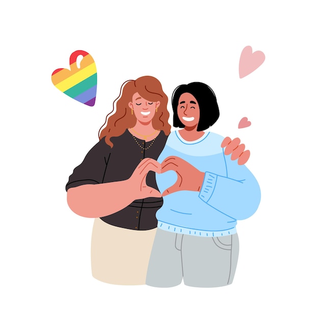 LGBT lesbian couple.Pair of two young women hugging and make a heart with their hands.Same sex relationships.Vector flat illustration