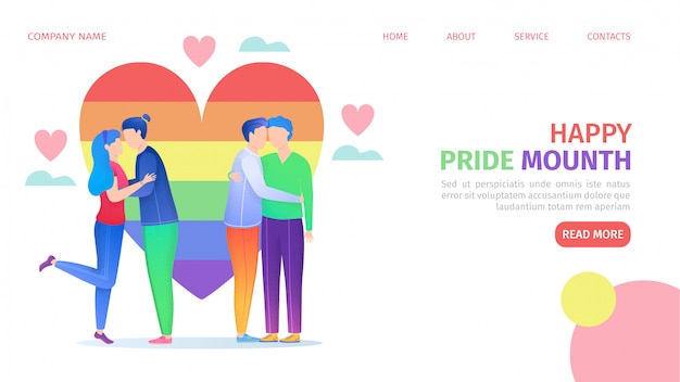 LGBT pride community, rainbow coloured heart and homosexual couples landing page  illustration. Sexuality and gender identity, sexual orientation, LGBT movement in web.