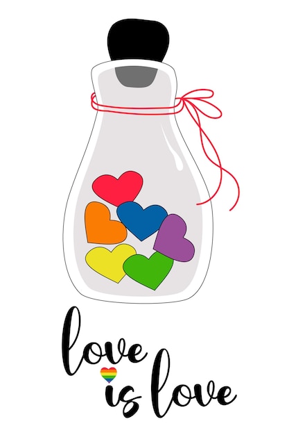 LGBT Pride Month love is love LGBTQ Symbol Glass bottle with rainbow hearts of LGBT pride flag