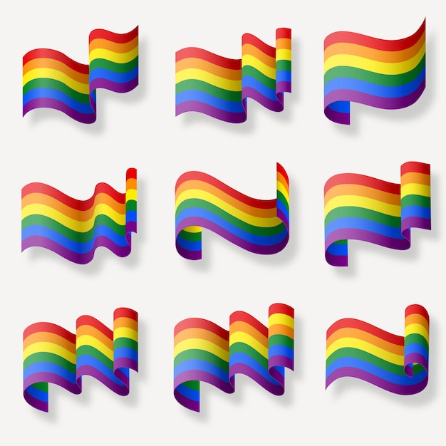 The LGBT rainbow realistic waving flags Set of colorful flags Pride month