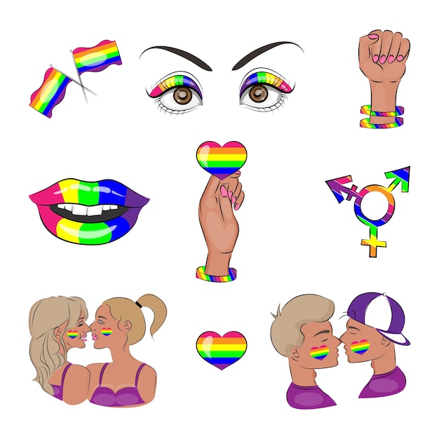 Vector lgbt symbols set poster gay and lesbian love each other with rainbow flag community pride month