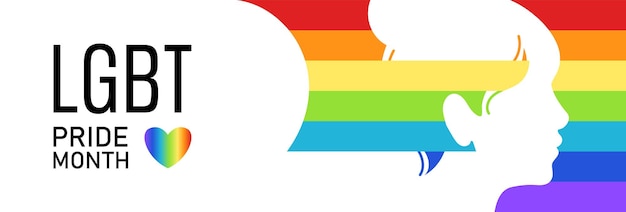 LGBTQ banner for Pride Month Rainbow social flag with white LGBTQIA human face silhouette and heart