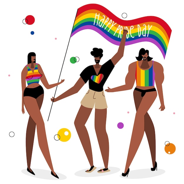 Vector the lgbtq group man and woman celebration pride day lgbt parade the have got rainbow flag