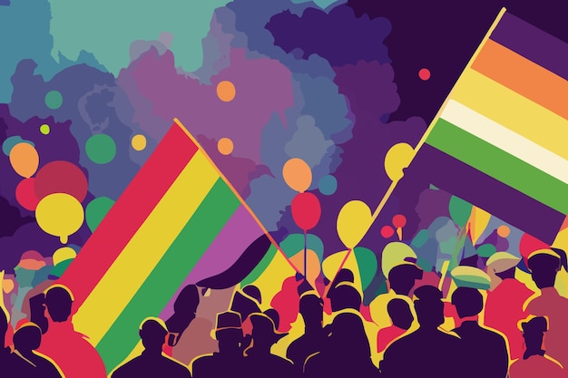 Lgbtq pride and tolerance people parade rainbow flags balloons