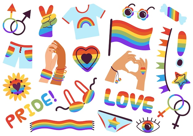 Lgbtq symbols set Social community gay parade signs Pride celebration badges Isolated love romantic rainbow elements decent vector set