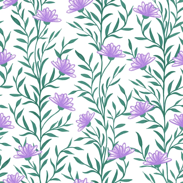 Liana pattern with lilac flowers and leafs Digital tarcing illustration