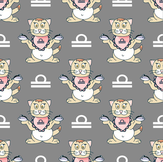 Libra zodiac sign in the form of cute cat seamless pattern on grey background Vector illustration