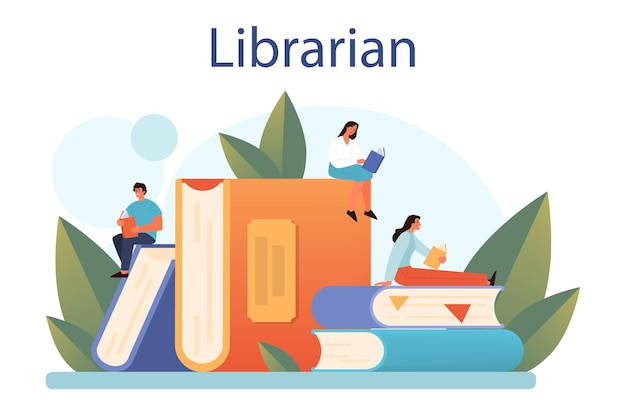 Librarian concept Library staff cataloguing and sorting books Knowledge and education idea Llibrary bookshelves guid Isolated vector illustration