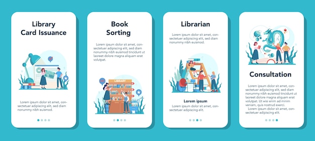 Librarian mobile application banner set. Library staff holding