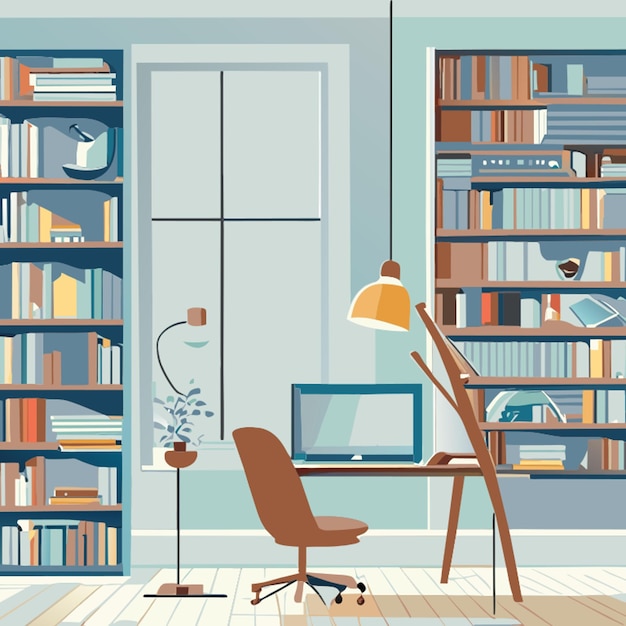 Vector the library and book shelf books and a cup of coffee on a desk vector illustration flat 2