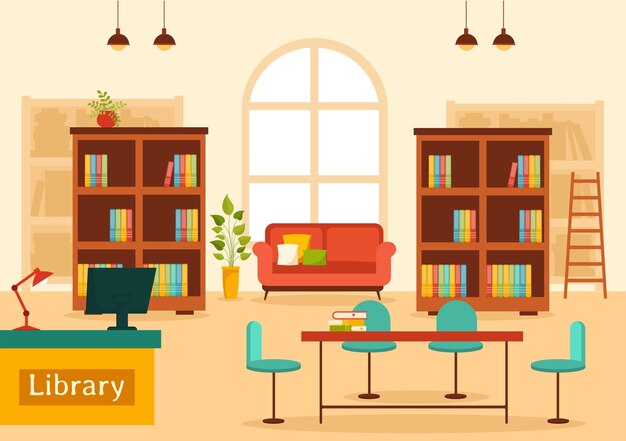 Vector library illustration of book shelves with interior wooden furniture for education and knowledge