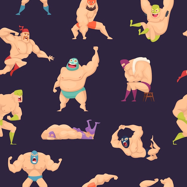 Libre wrestlers pattern. Martial mexican fighters in mask luchador superstar seamless