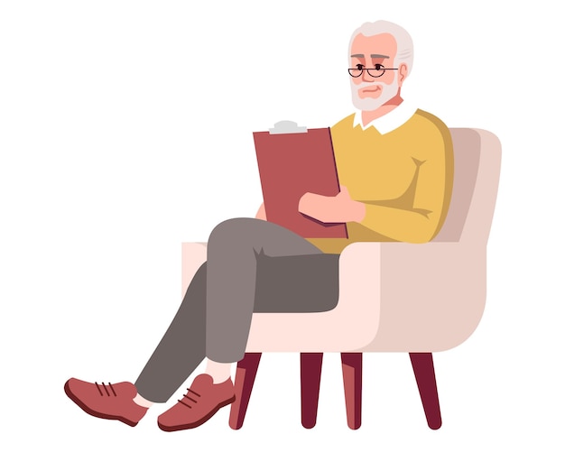 Licensed psychotherapist sitting in armchair flat RGB color vector illustration