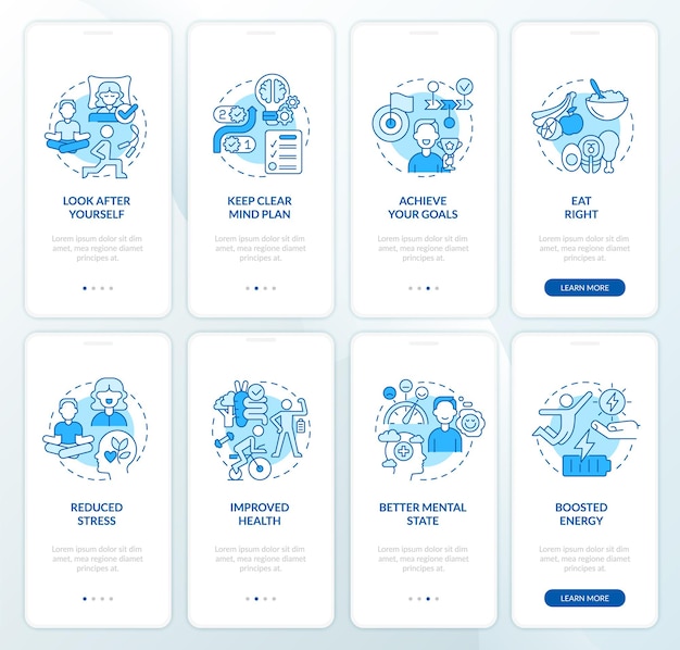 Life balance and biorhythms blue onboarding mobile app screen set