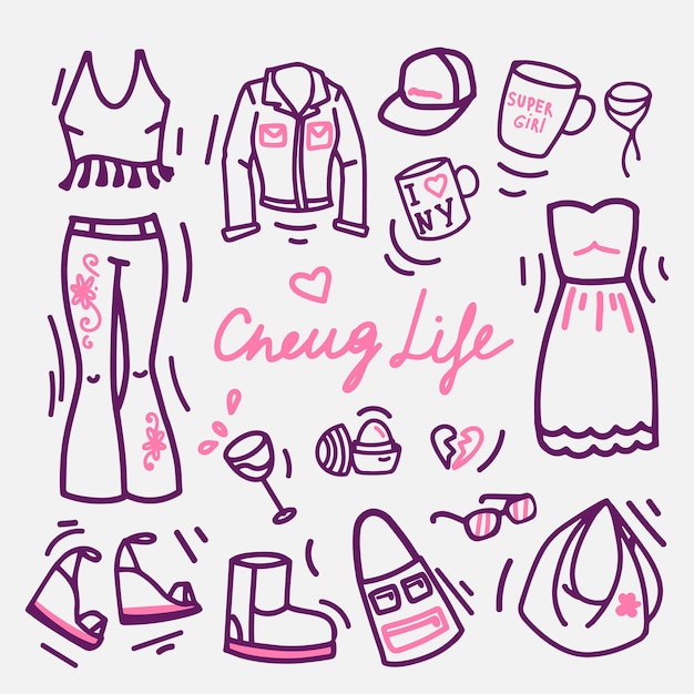 The life of cheug Outdated things that love cheug A set of elements in the style of doodles