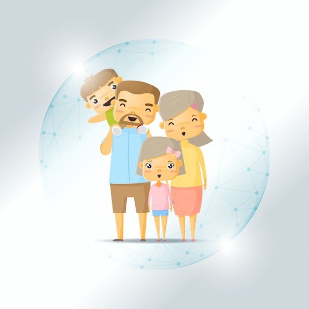 Life insurance concept with happy family protected in polygonal sphere shield