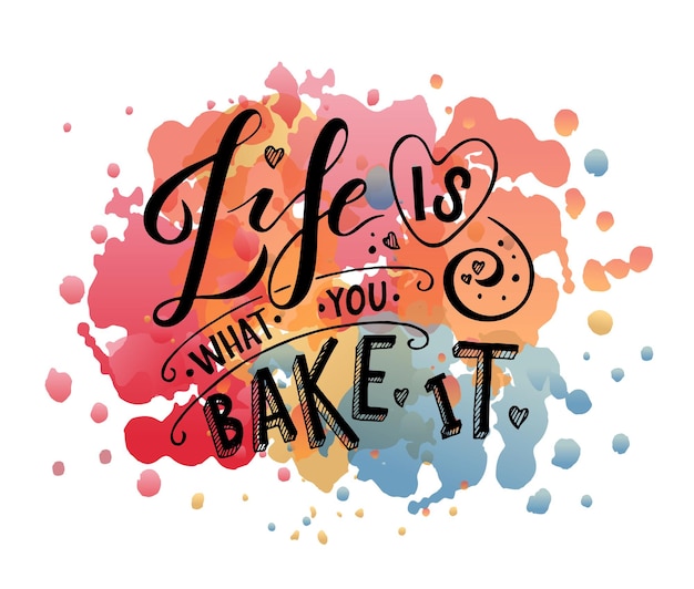 Life is what you bake it as Birthday typography logotype, badge and icon. Inspirational quote postcard, card, invitation, banner template. Inpiration lettering typography. Greeting Card